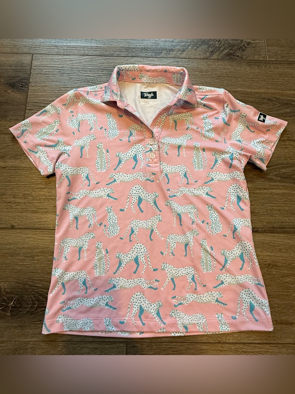 Waggle Pink Polo Top with White Spotted Cheetah Print and Teal Accents